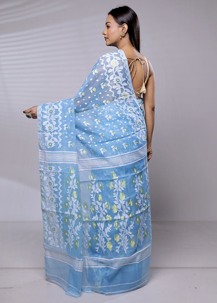 Blue Tant Jamdani Saree Without Blouse Piece - Indian Silk House Agencies