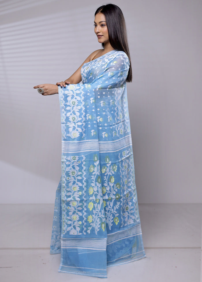 Blue Tant Jamdani Saree Without Blouse Piece - Indian Silk House Agencies