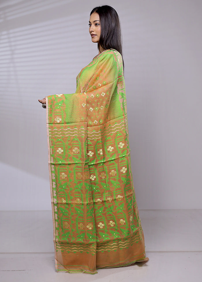 Peach Tant Jamdani Saree Without Blouse Piece