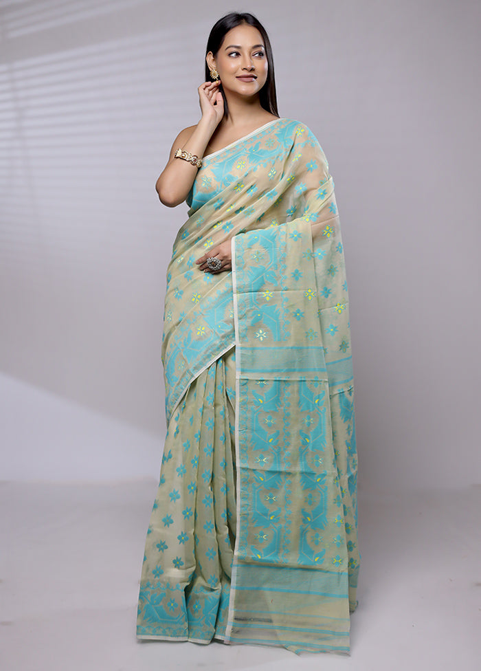 Cream Tant Jamdani Saree Without Blouse Piece