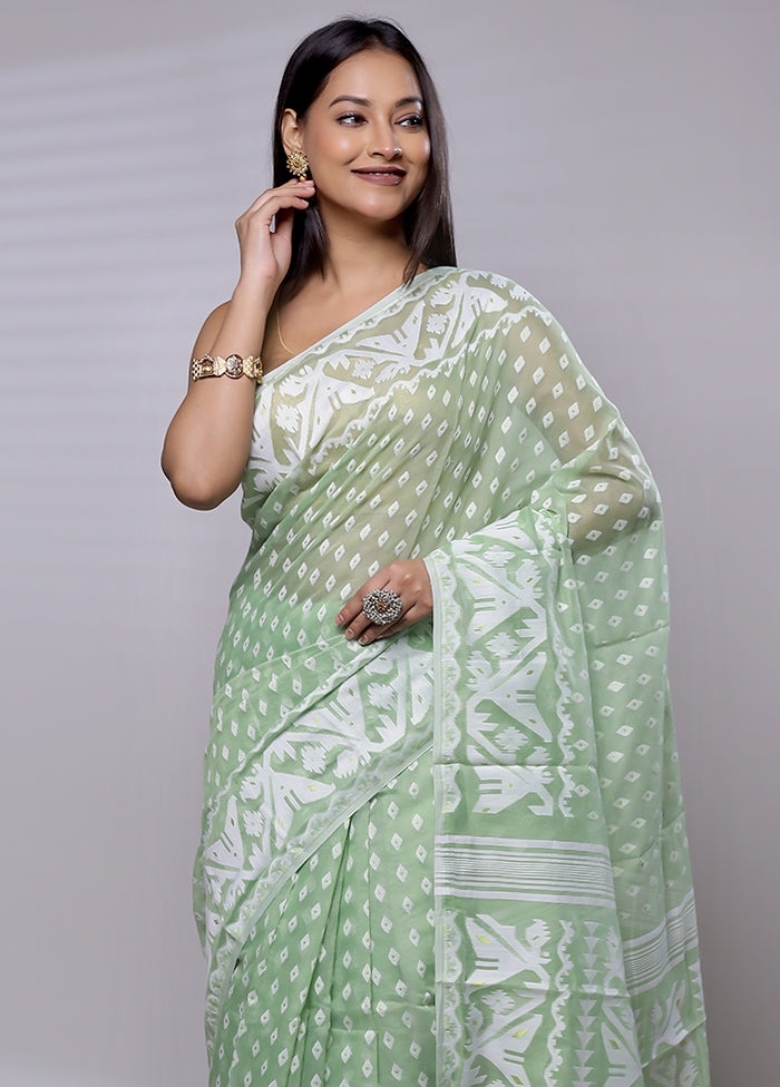 Green Tant Jamdani Saree Without Blouse Piece