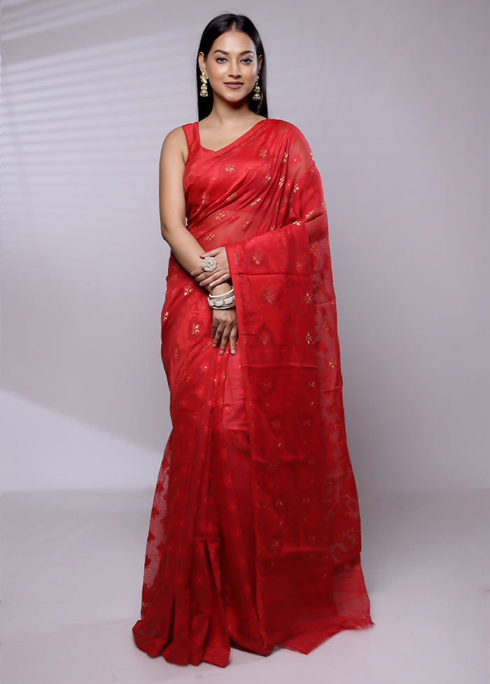 Red Tant Jamdani Saree Without Blouse Piece