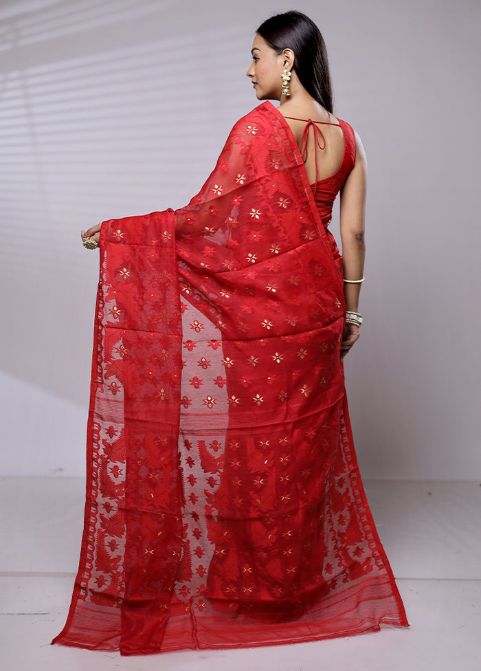 Red Tant Jamdani Saree Without Blouse Piece