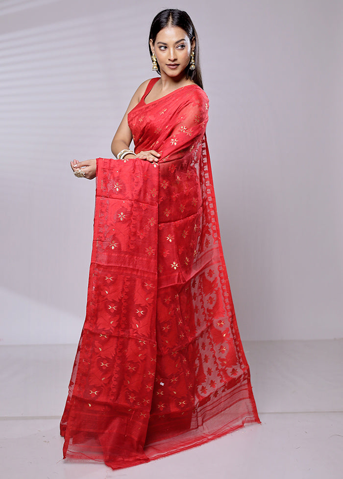 Red Tant Jamdani Saree Without Blouse Piece