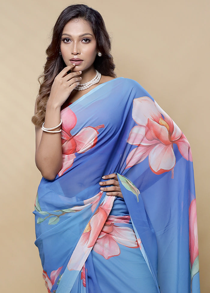 Blue Chiffon Silk Saree With Blouse Piece