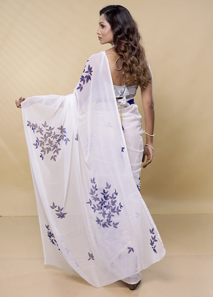 White Chiffon Silk Saree With Blouse Piece