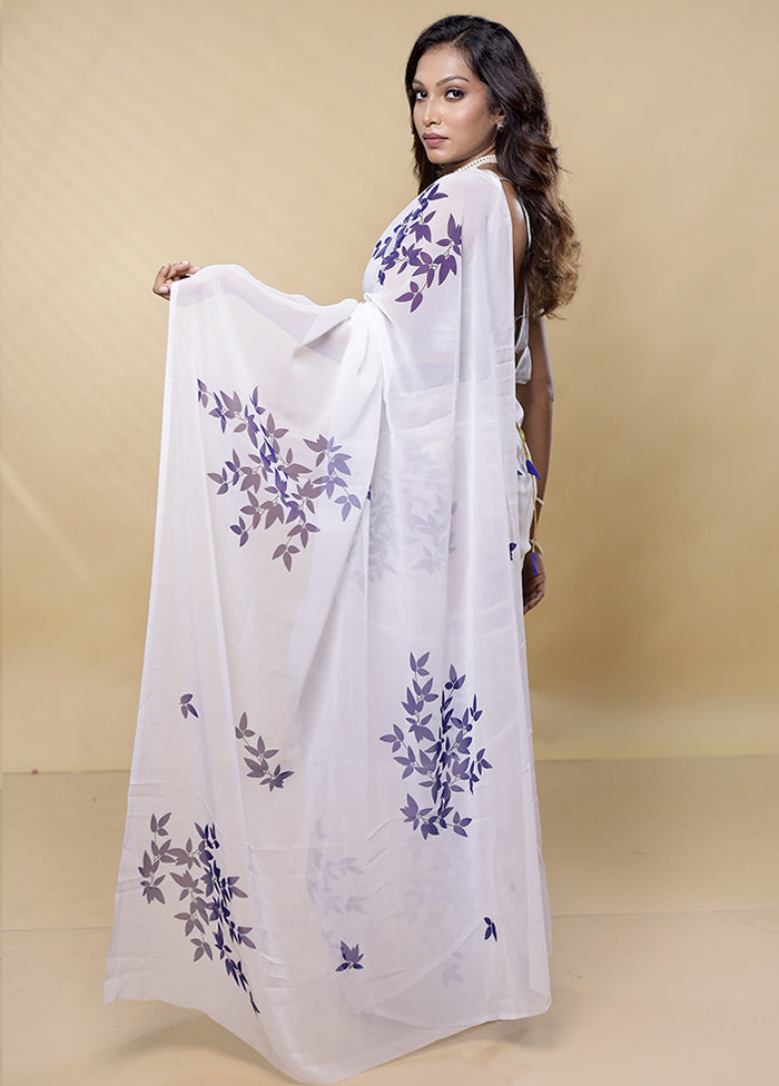 White Chiffon Silk Saree With Blouse Piece