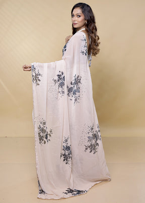 Cream Chiffon Silk Saree With Blouse Piece