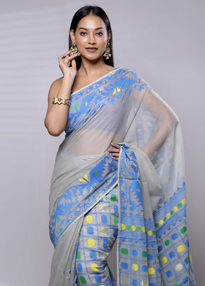 Blue Tant Jamdani Saree Without Blouse Piece