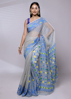 Blue Tant Jamdani Saree Without Blouse Piece