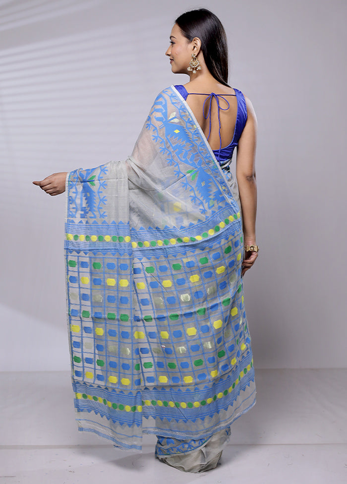 Blue Tant Jamdani Saree Without Blouse Piece