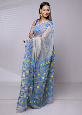 Blue Tant Jamdani Saree Without Blouse Piece