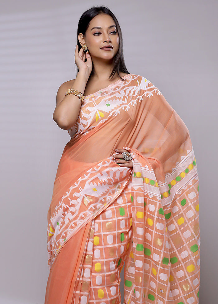 Rust Tant Jamdani Saree Without Blouse Piece