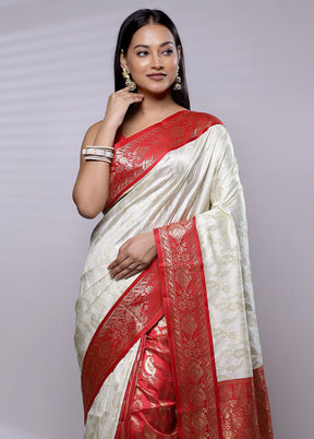 White Dupion Silk Saree With Blouse Piece