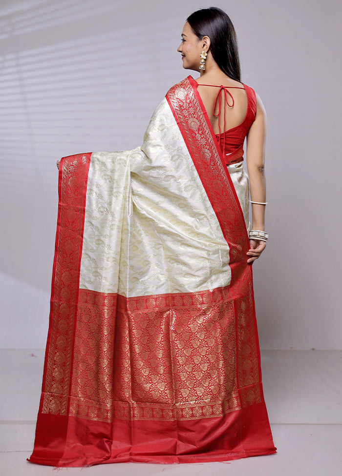 White Dupion Silk Saree With Blouse Piece