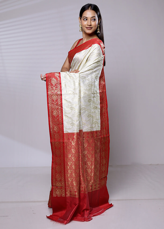 White Dupion Silk Saree With Blouse Piece