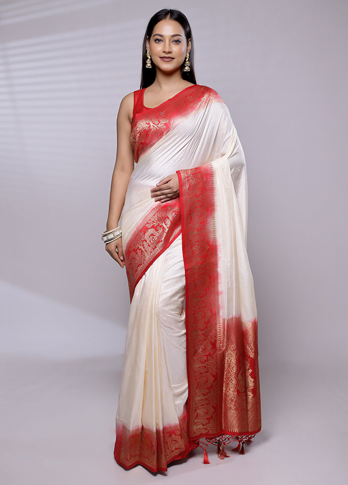 Cream Dupion Silk Saree With Blouse Piece