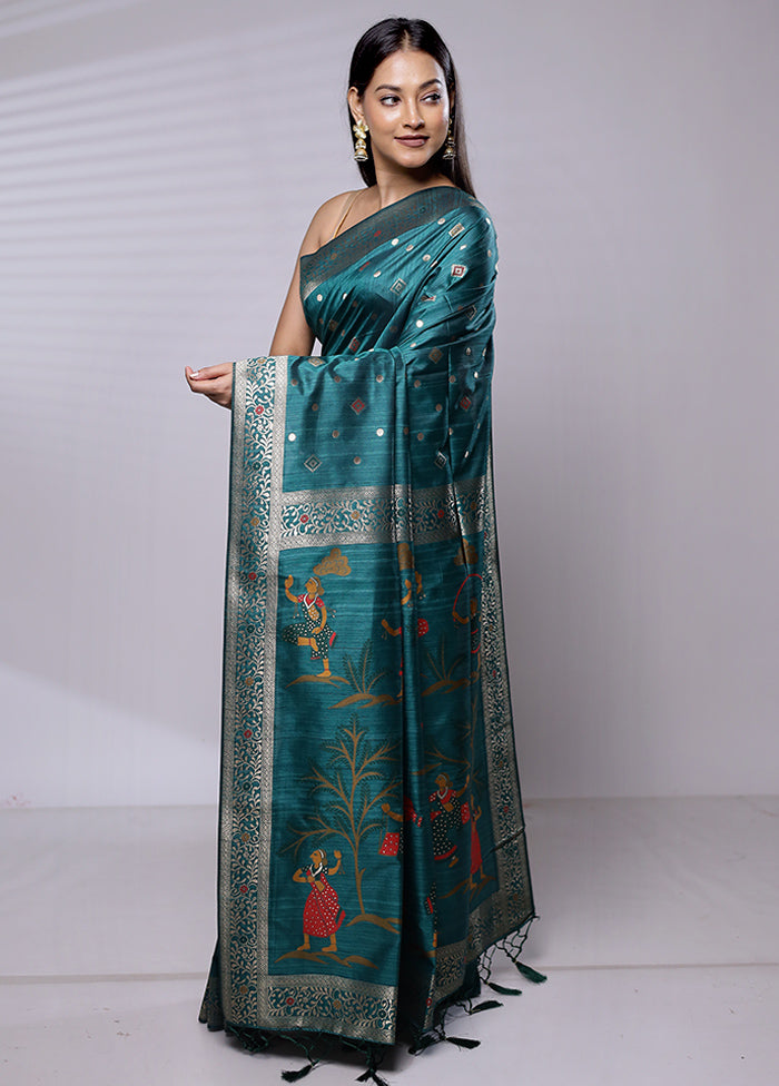 Green Dupion Silk Saree With Blouse Piece