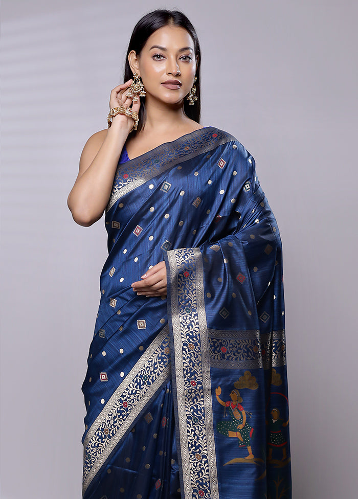 Blue Dupion Silk Saree With Blouse Piece