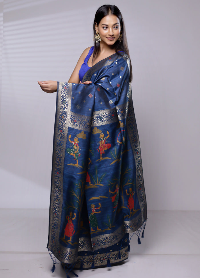 Blue Dupion Silk Saree With Blouse Piece