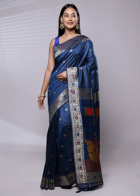 Blue Dupion Silk Saree With Blouse Piece