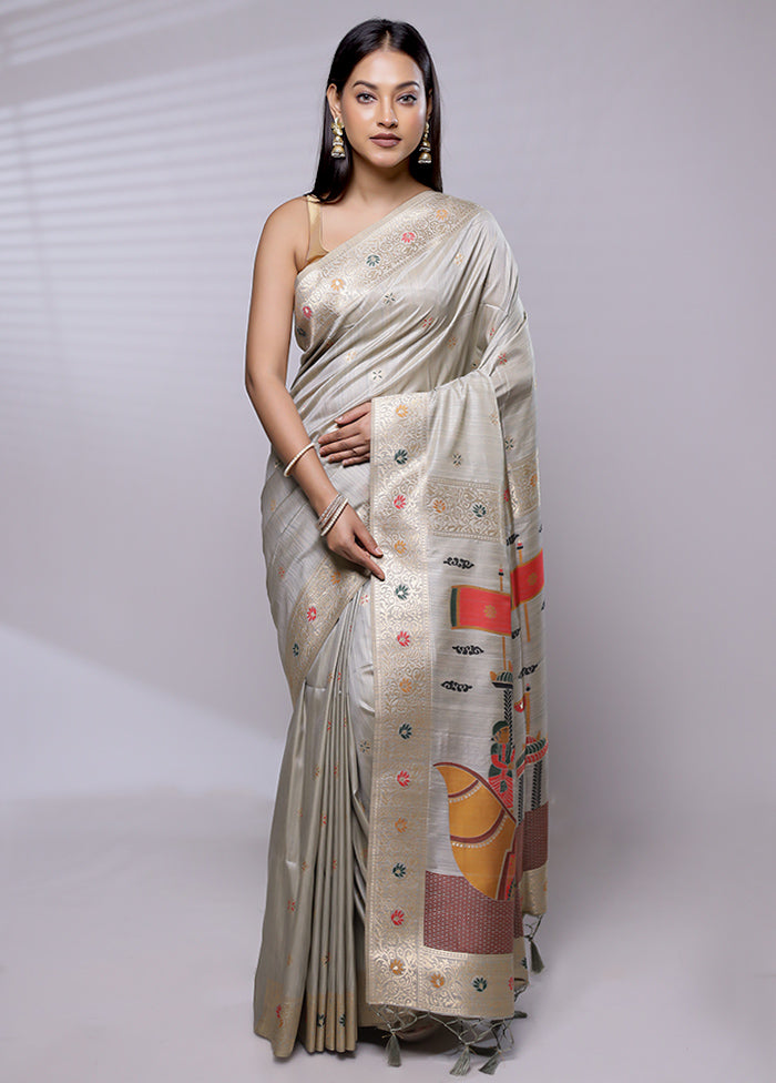 Grey Dupion Silk Saree With Blouse Piece