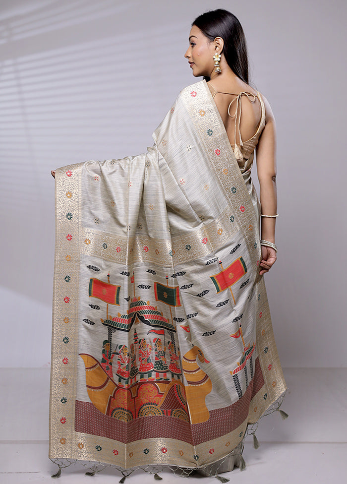 Grey Dupion Silk Saree With Blouse Piece