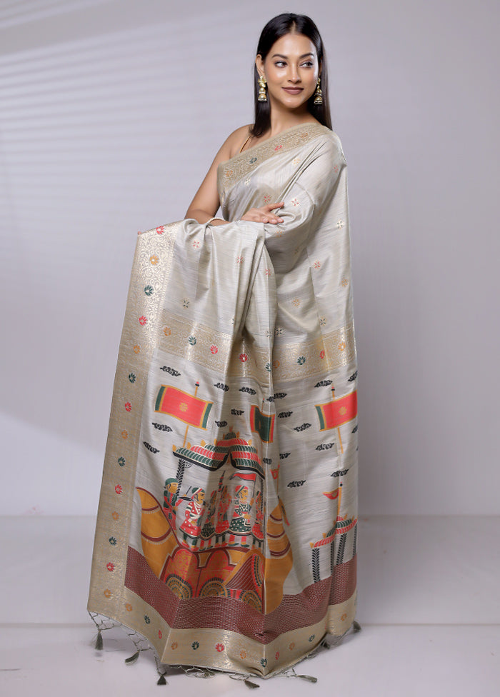 Grey Dupion Silk Saree With Blouse Piece