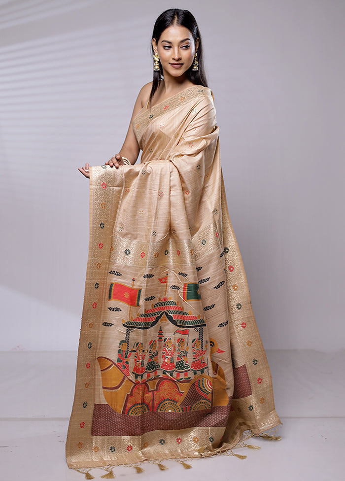 Cream Dupion Silk Saree With Blouse Piece