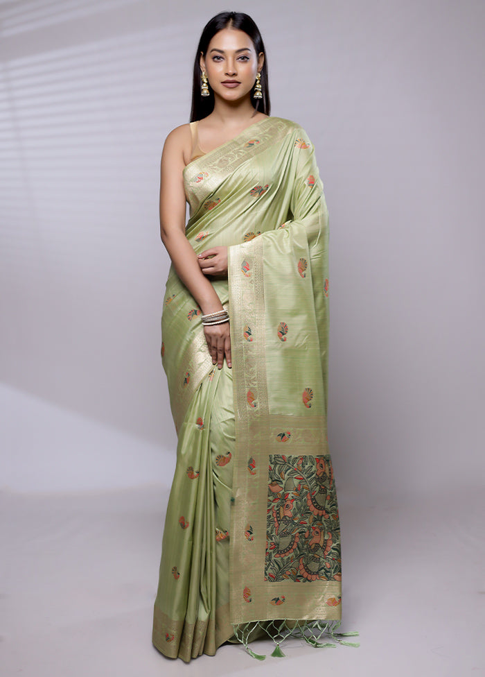 Green Dupion Silk Saree With Blouse Piece