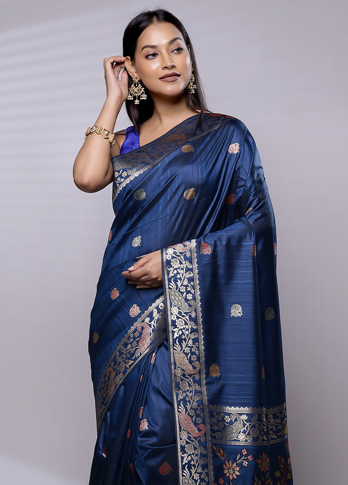 Blue Dupion Silk Saree With Blouse Piece