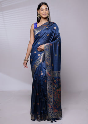 Blue Dupion Silk Saree With Blouse Piece