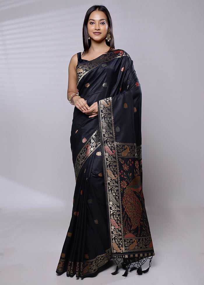 Black Dupion Silk Saree With Blouse Piece