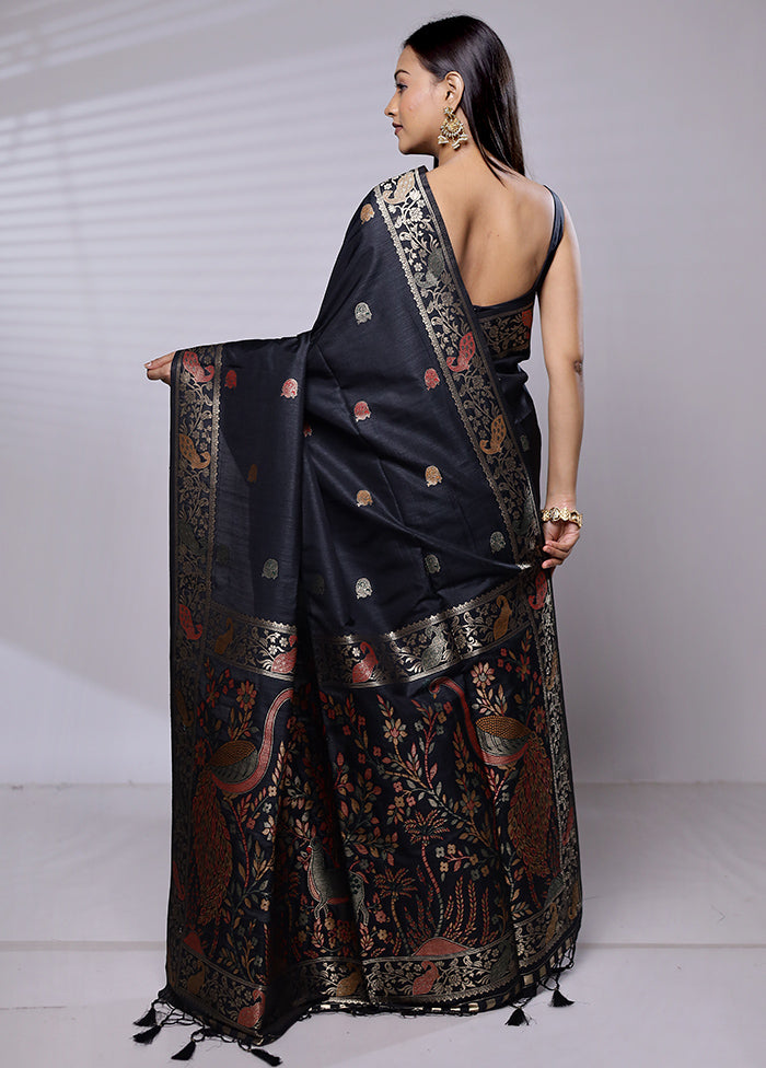 Black Dupion Silk Saree With Blouse Piece