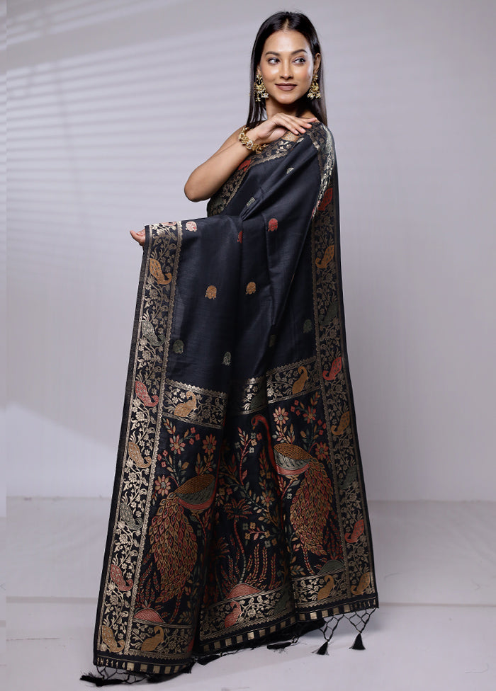 Black Dupion Silk Saree With Blouse Piece