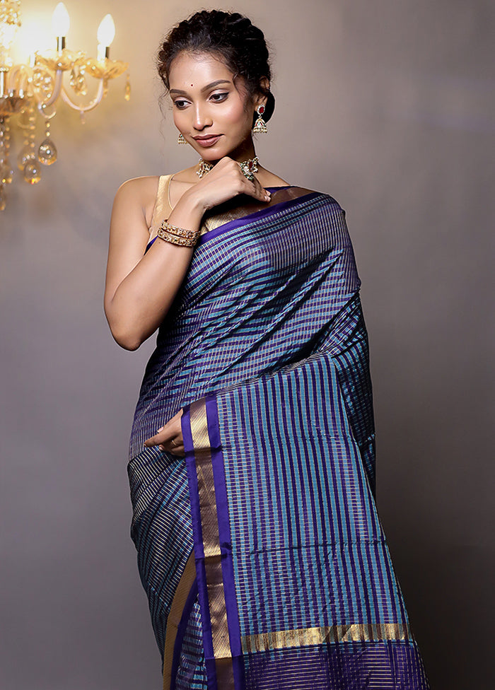 Blue Handloom Kanjivaram Pure Silk Saree With Blouse Piece