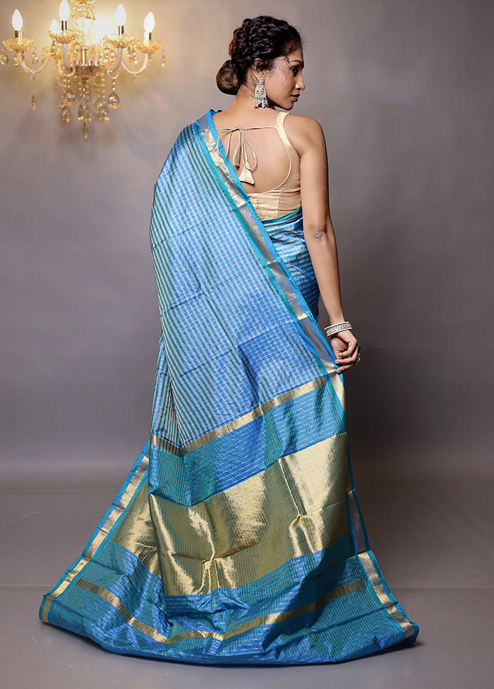 Blue Handloom Kanjivaram Pure Silk Saree With Blouse Piece