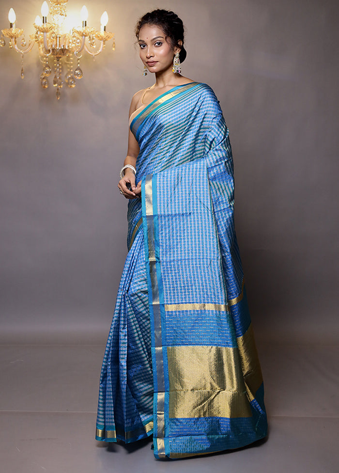 Blue Handloom Kanjivaram Pure Silk Saree With Blouse Piece