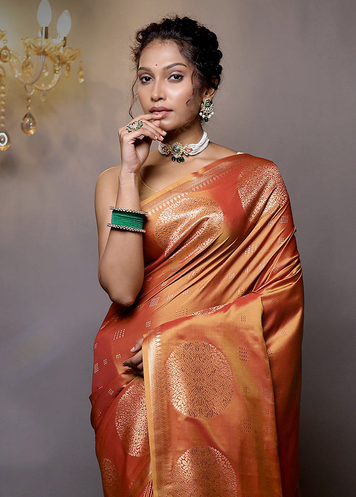 Rust Kanjivaram Silk Saree With Blouse Piece