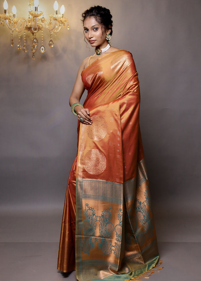 Rust Kanjivaram Silk Saree With Blouse Piece