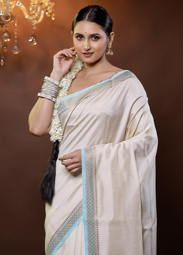 Cream Dupion Silk Saree With Blouse Piece