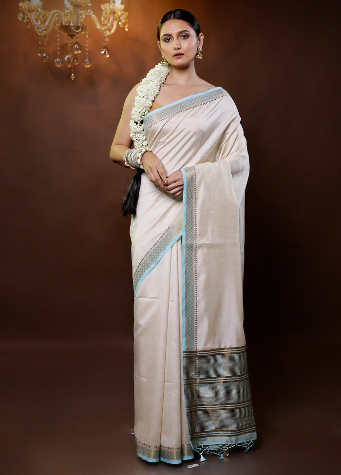 Cream Dupion Silk Saree With Blouse Piece