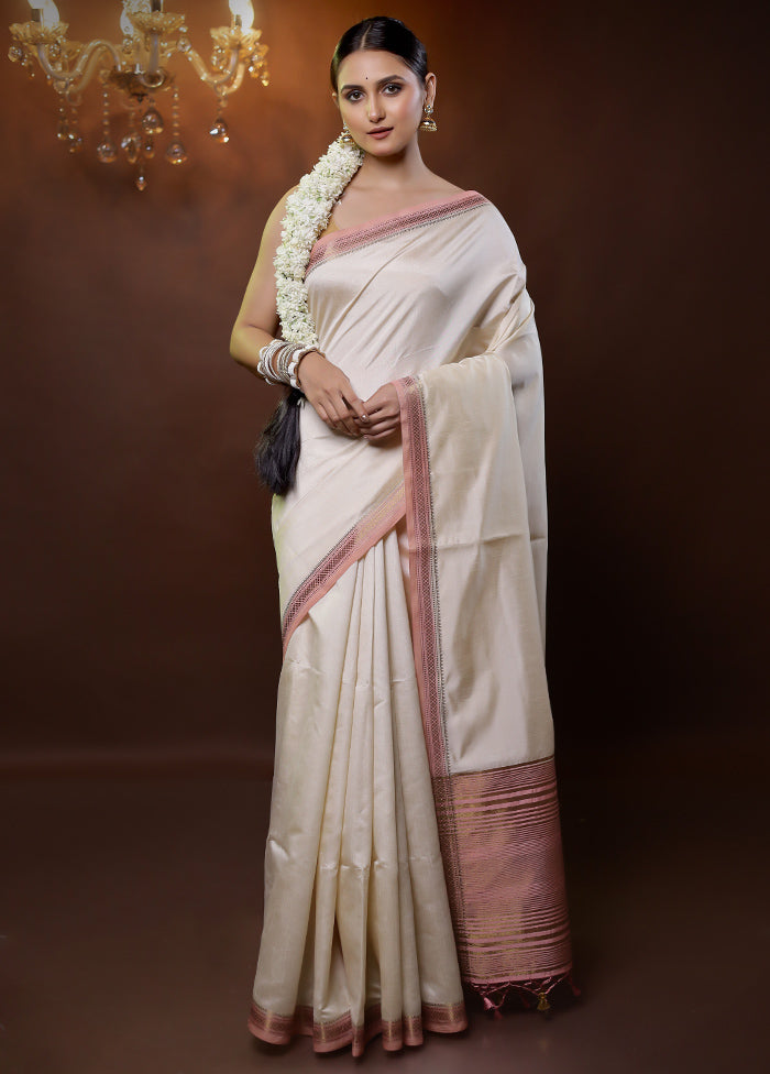 Cream Dupion Silk Saree With Blouse Piece