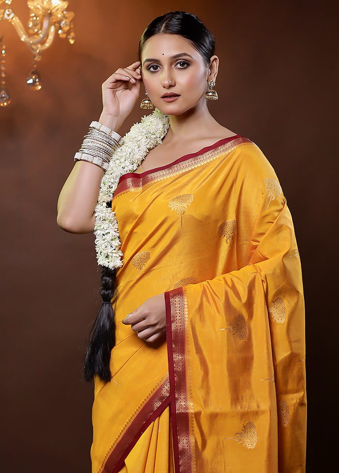 Yellow Dupion Silk Saree With Blouse Piece