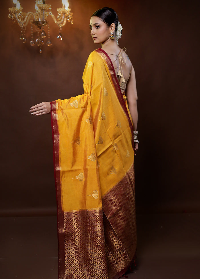 Yellow Dupion Silk Saree With Blouse Piece