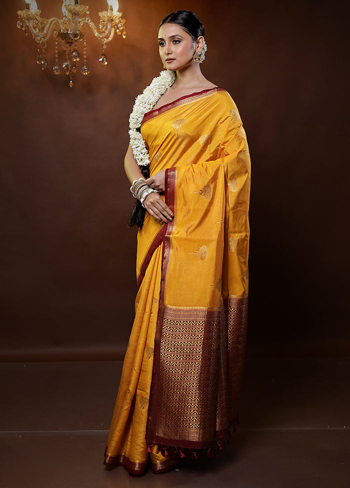 Yellow Dupion Silk Saree With Blouse Piece