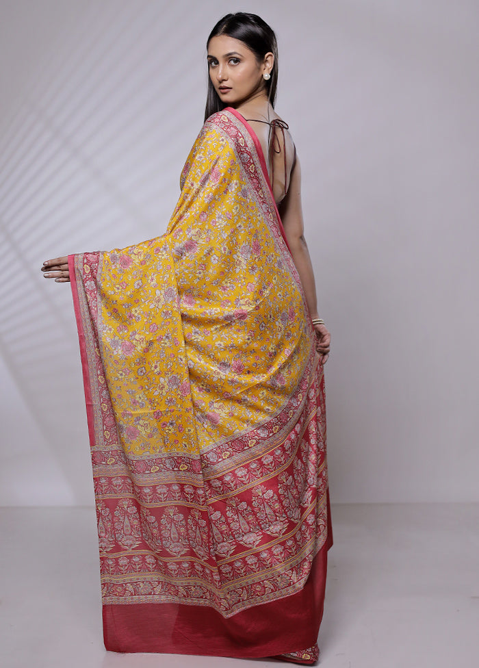 Yellow Mysore Silk Saree Without Blouse Piece