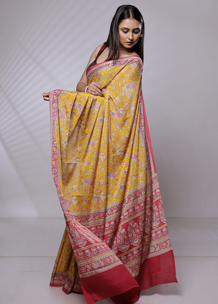 Yellow Mysore Silk Saree Without Blouse Piece