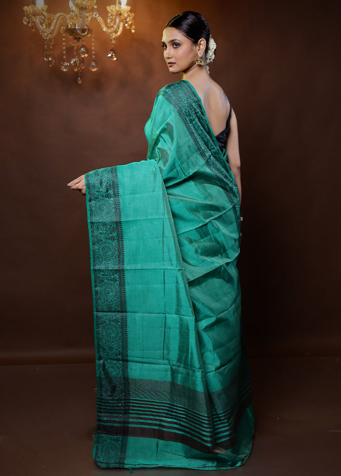 Green Dupion Silk Saree With Blouse Piece - Indian Silk House Agencies