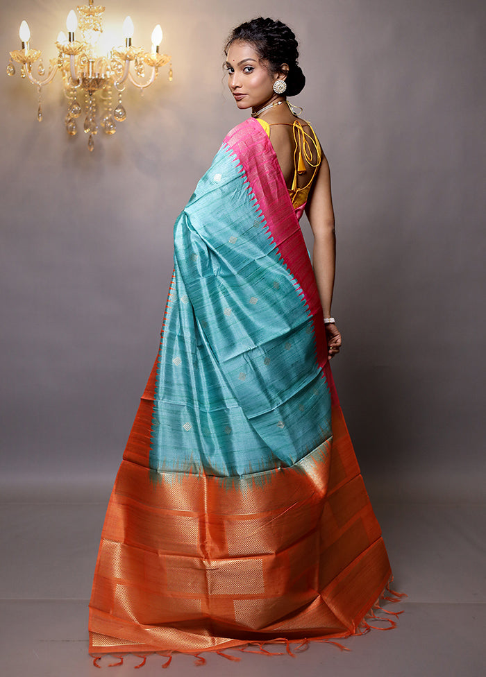 Green Tussar Silk Saree With Blouse Piece